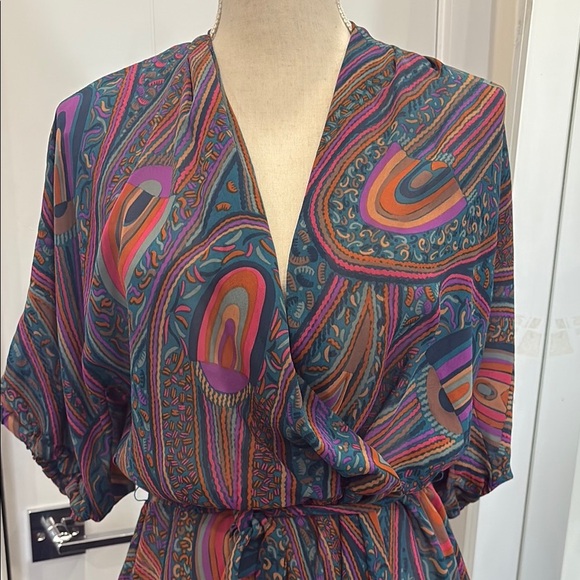 Blue and Purple Midi Sundress with V-Neck and Dolman Sleeves - Picture 3 of 7